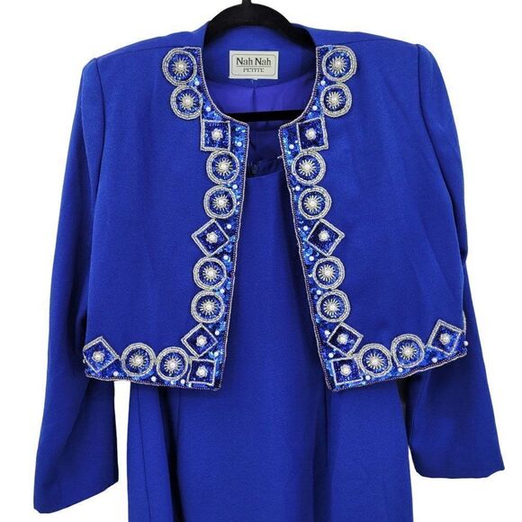 Vintage 80s Nah Nah Petites Dress Set M Royal Blue Pearl Sequin Jacket Midi Glam - Picture 6 of 17